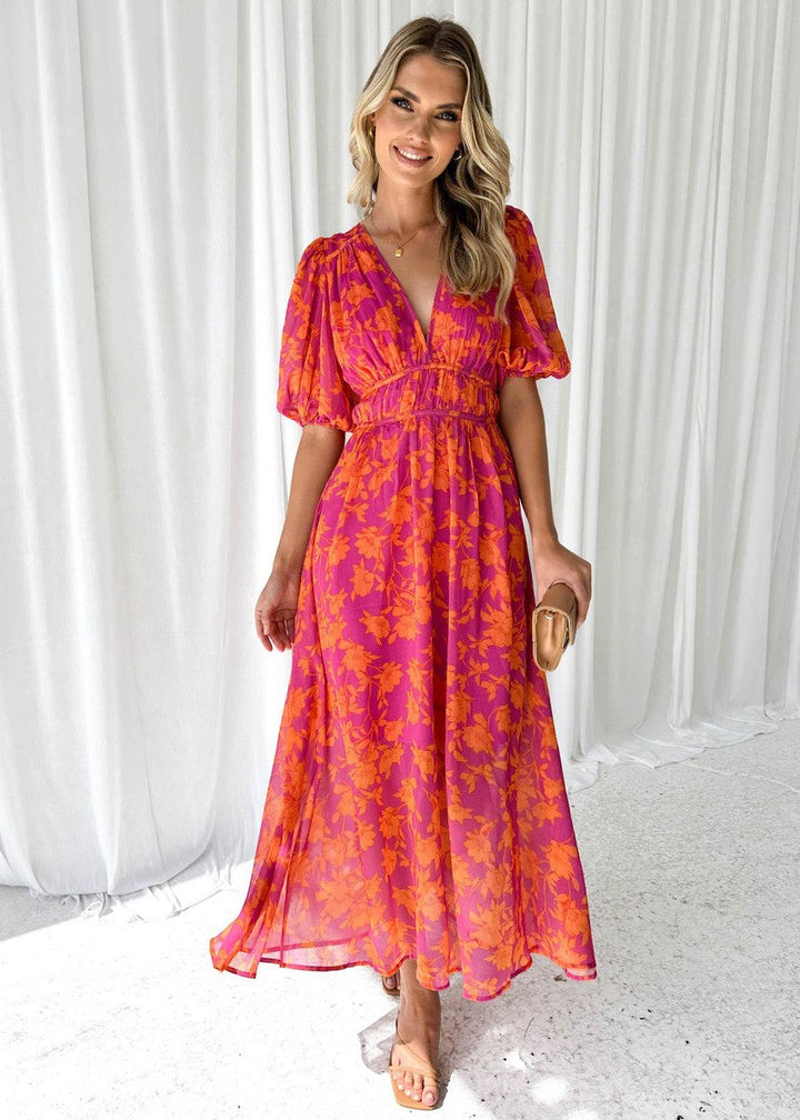 Robe midi pour femme à imprimé floral et manches bouffantes - Katy