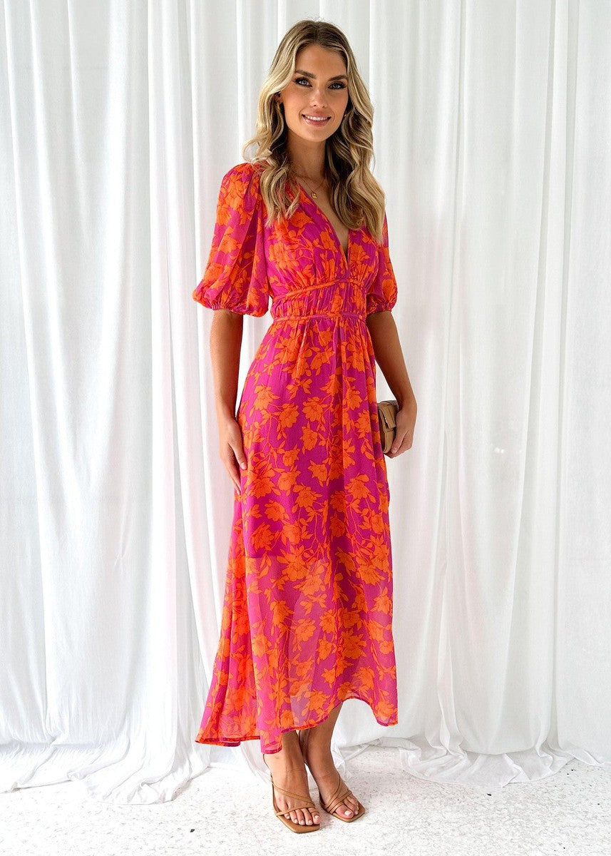 Robe midi pour femme à imprimé floral et manches bouffantes - Katy