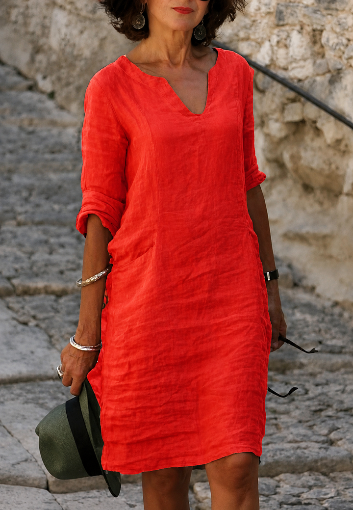 Robe décontractée pour femme à encolure en V et manches trois-quarts - Elvy