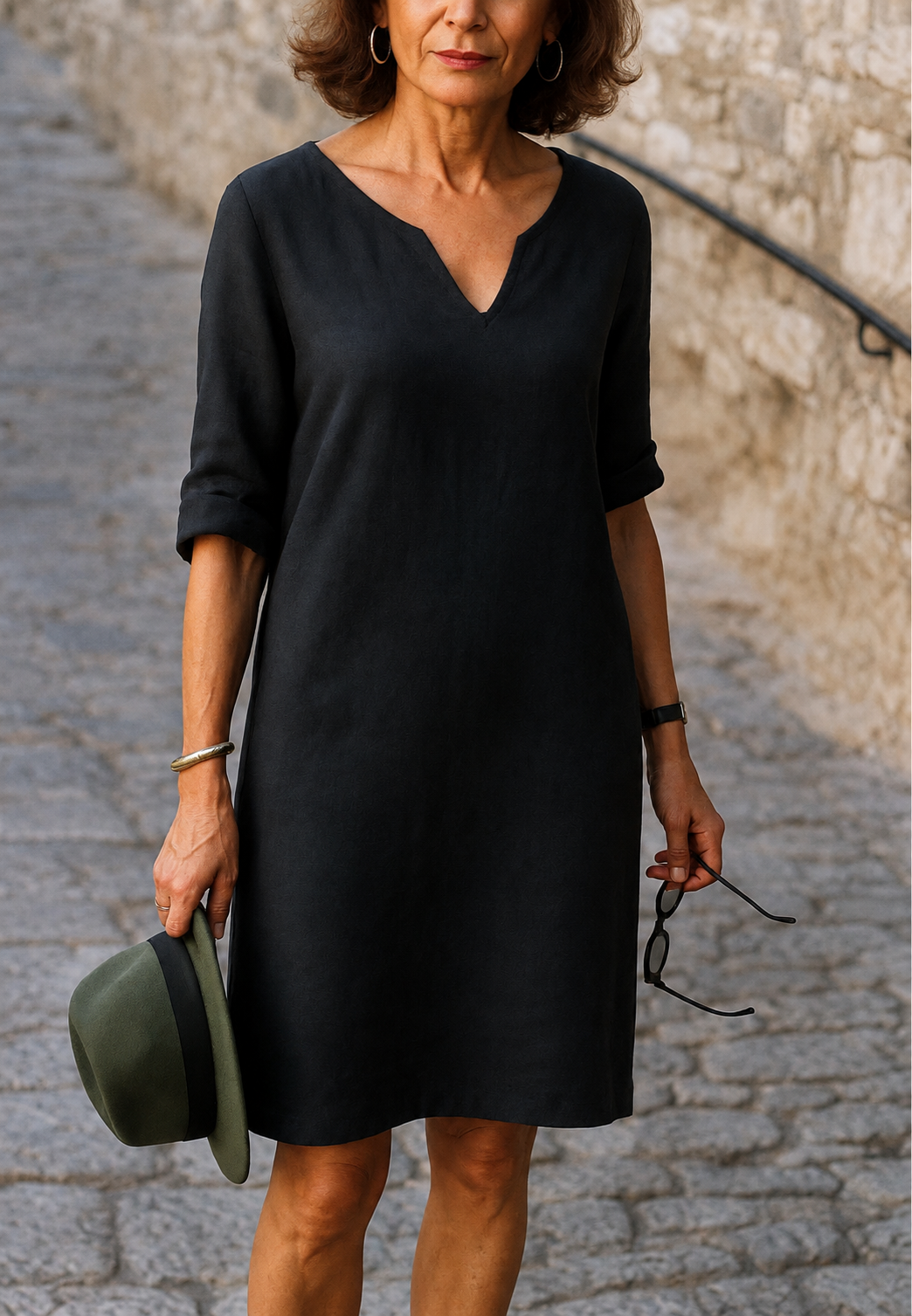 Robe décontractée pour femme à encolure en V et manches trois-quarts - Elvy